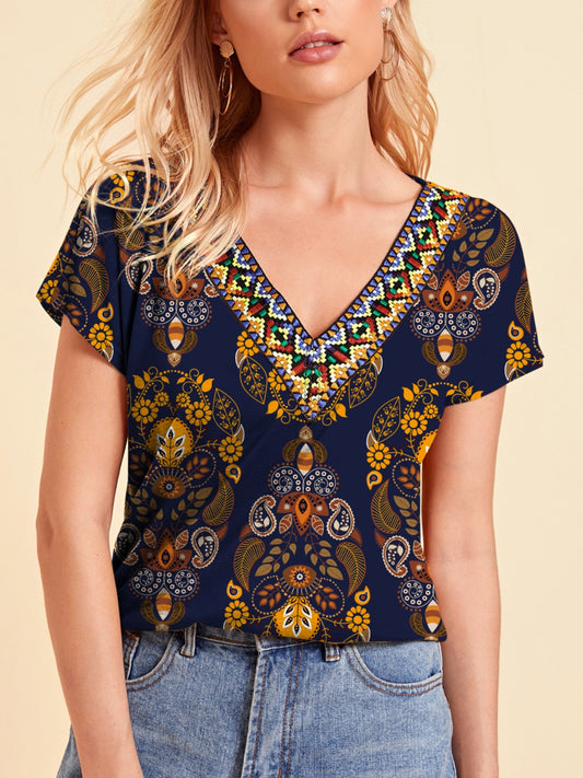 Printed V-Neck Short Sleeve T-Shirt