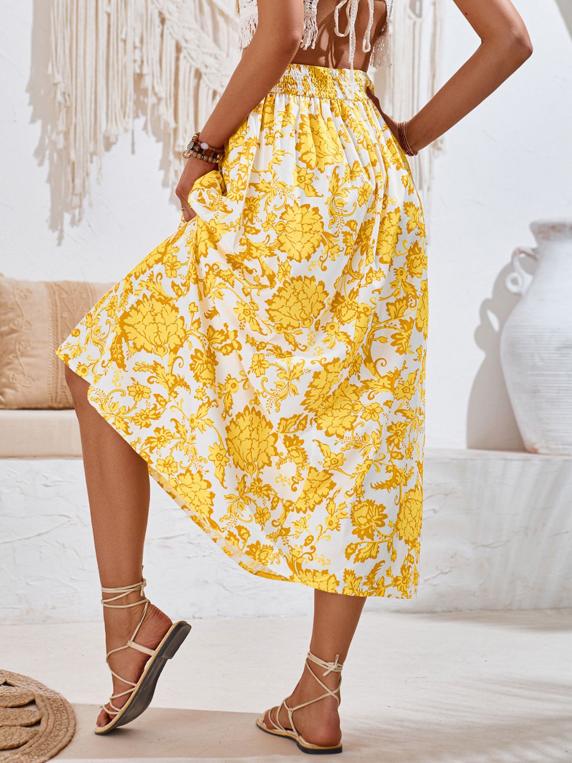 Printed Elastic Waist Midi Skirt