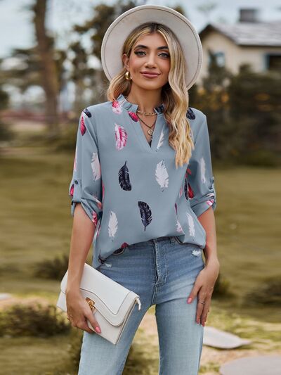 Printed Frill Notched Roll-Tab Sleeve Blouse