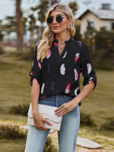 Printed Frill Notched Roll-Tab Sleeve Blouse