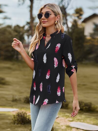 Printed Frill Notched Roll-Tab Sleeve Blouse