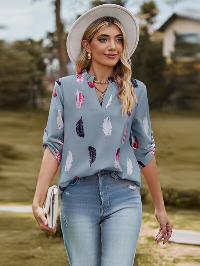 Printed Frill Notched Roll-Tab Sleeve Blouse