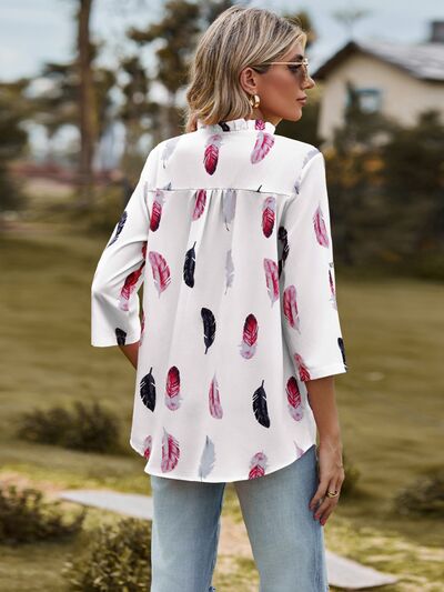 Printed Frill Notched Roll-Tab Sleeve Blouse