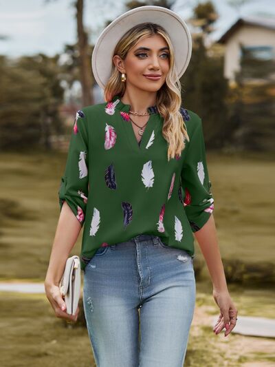 Printed Frill Notched Roll-Tab Sleeve Blouse