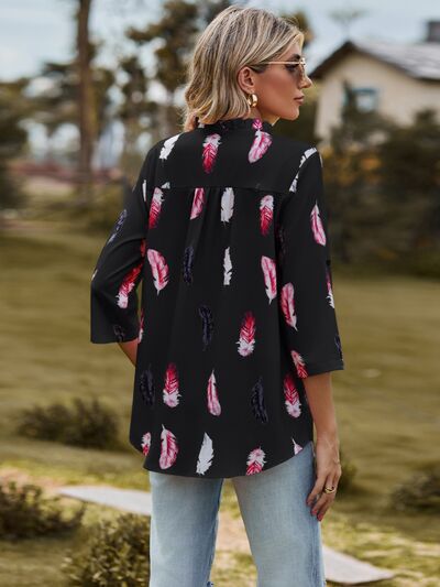 Printed Frill Notched Roll-Tab Sleeve Blouse