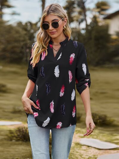 Printed Frill Notched Roll-Tab Sleeve Blouse