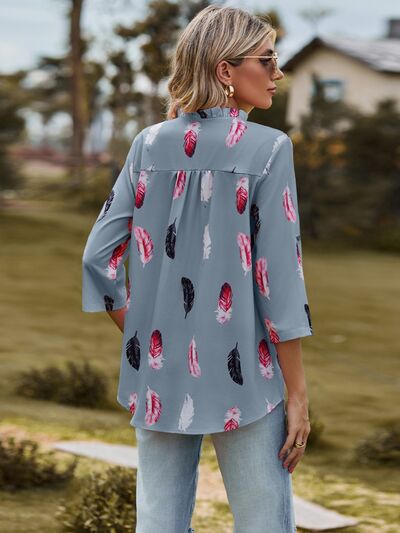 Printed Frill Notched Roll-Tab Sleeve Blouse