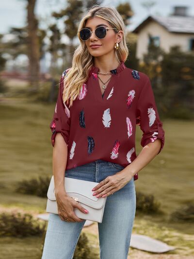 Printed Frill Notched Roll-Tab Sleeve Blouse