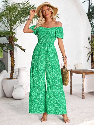 Smocked Printed Short Sleeve Jumpsuit