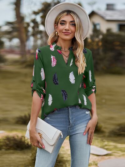 Printed Frill Notched Roll-Tab Sleeve Blouse