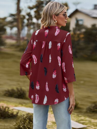 Printed Frill Notched Roll-Tab Sleeve Blouse